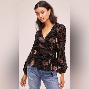 ASTR The Label Black Mauve Floral Velvet Burnout Wrap Blouse